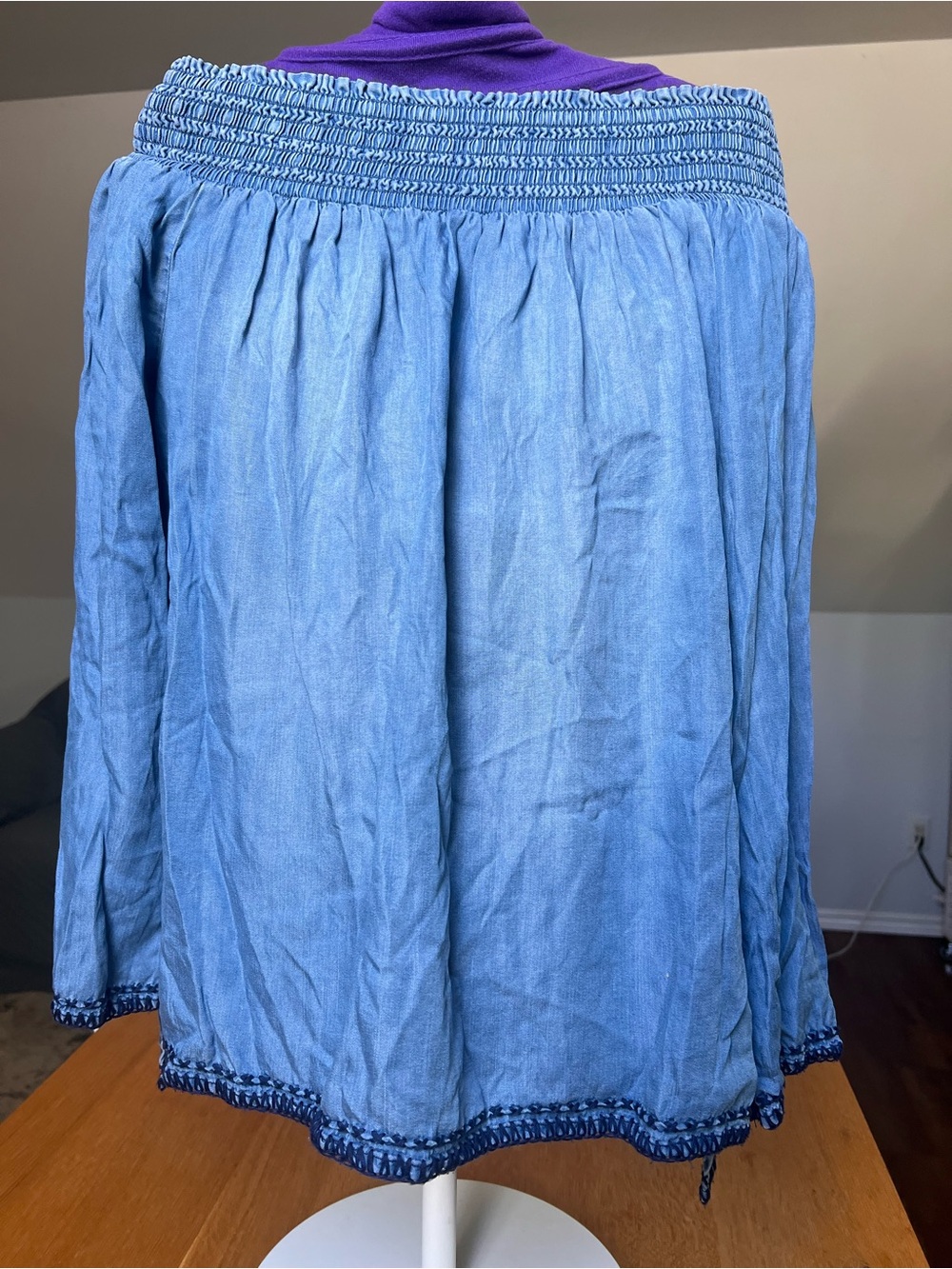 Dex denim look Off-Shoulder Smocked Tunic with Navy Trim